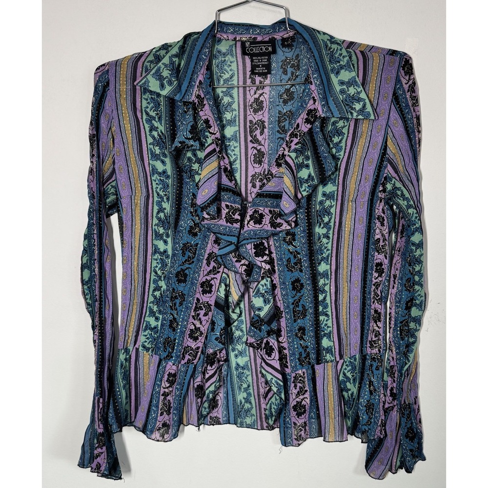 VTG NY Collection Sheer Metallic Chiffon Ruffle Fairy Blouse Size S Teal Purple